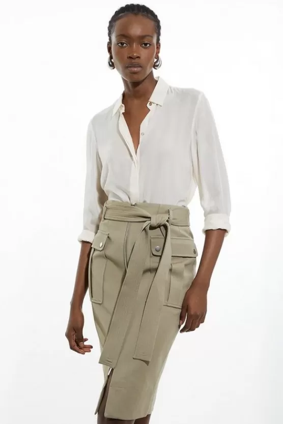 Fashion Karen Millen Tailored Cotton Stretch Pocket Belted Midi Tailored Skirt khaki