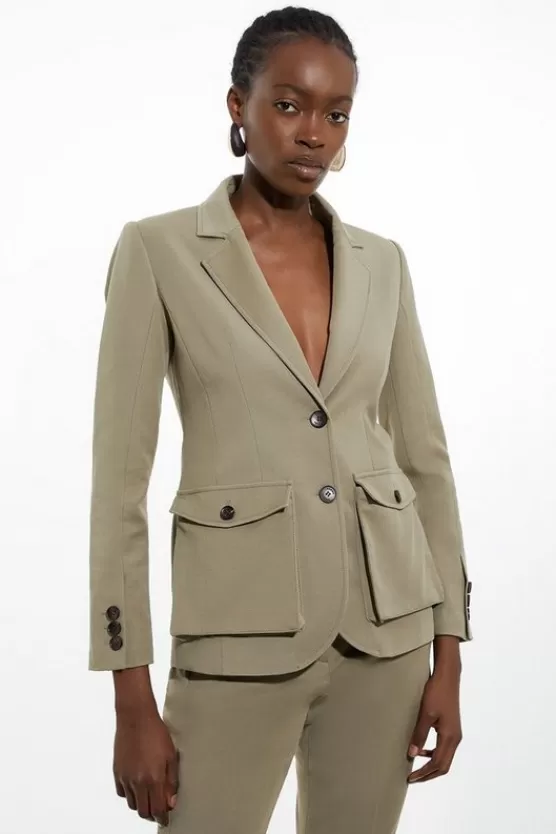 Hot Karen Millen Tailored Cotton Stretch Pocket Detail Belted Tailored Blazer khaki