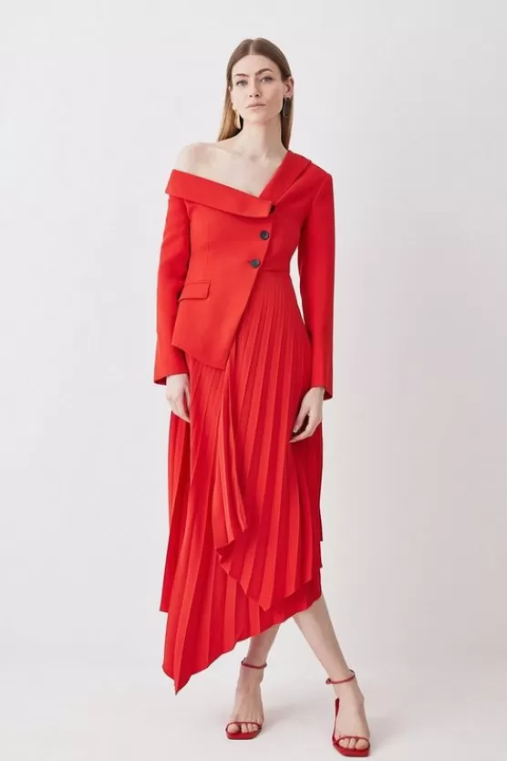 Hot Karen Millen Tailo Crepe Asymmetric Pleated Midi Dress red