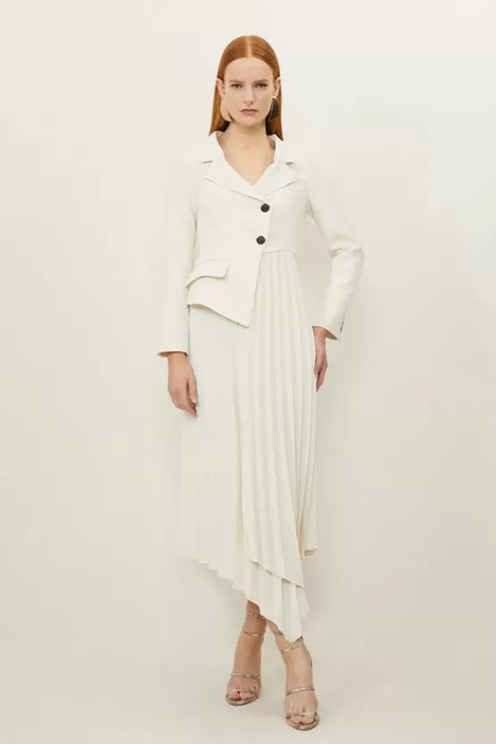 Shop Karen Millen Tailored Crepe Asymmetric Pleated Skirt Blazer Midaxi Dress ivory