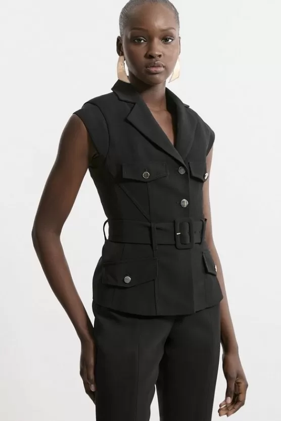 New Karen Millen Tailored Crepe Belted Cap Sleeve Collared Co-ord black