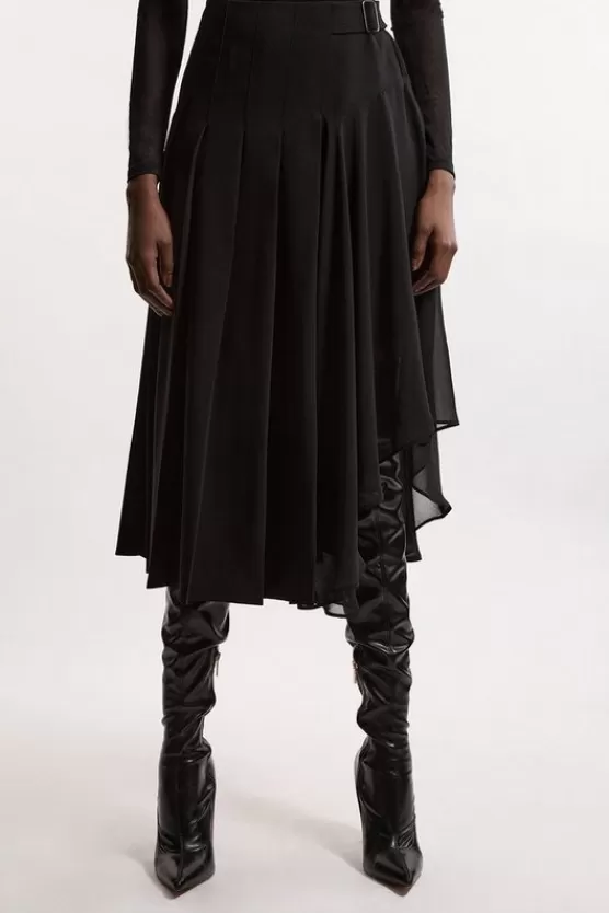 Best Sale Karen Millen Tailored Crepe Georgette Mix Pleated Buckle Detail Skirt black