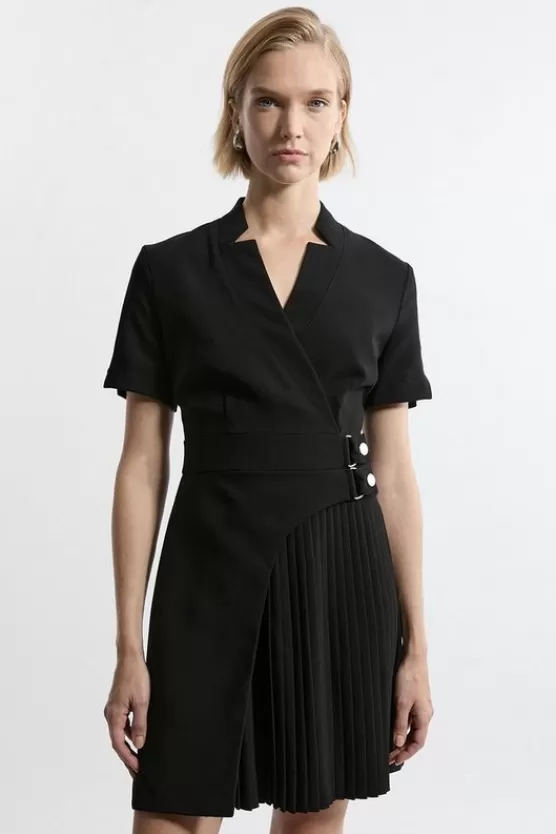 Clearance Karen Millen Tailored Crepe Military Pleat Notch Neck Wrap Mini Dress black