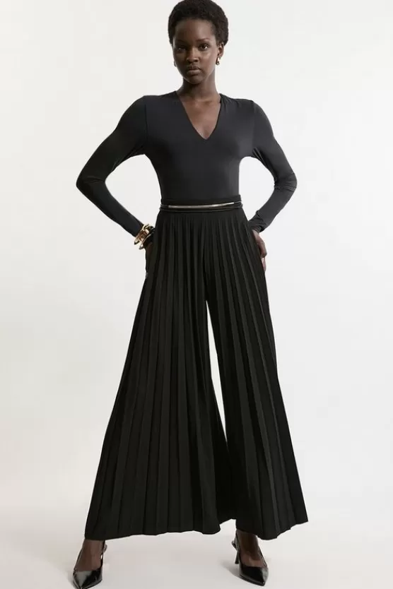 Shop Karen Millen Tailored Crepe Pleated Full Midi Pants black