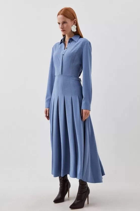 Best Sale Karen Millen Tailored Crepe Pleated Midi Shirt Dress midblue