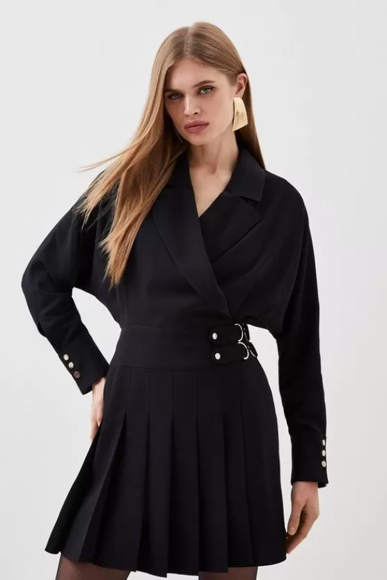 Online Karen Millen Tailored Crepe Pleated Skirt Wrap Mini Shirt Dress black