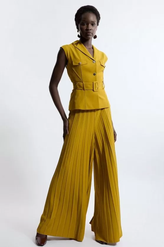 Clearance Karen Millen Tailored Crepe Pleated Wide Leg Belted Jumpsuit gold