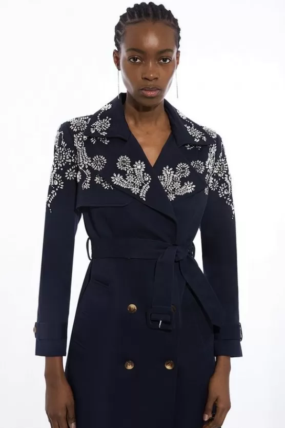 Flash Sale Karen Millen Tailored Crystal Embellished Belted Trench Coat navy