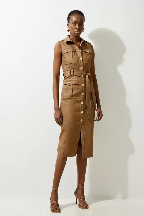 Hot Karen Millen Tailored Denim Cargo Pocket Belted Midi Shirt Dress tan