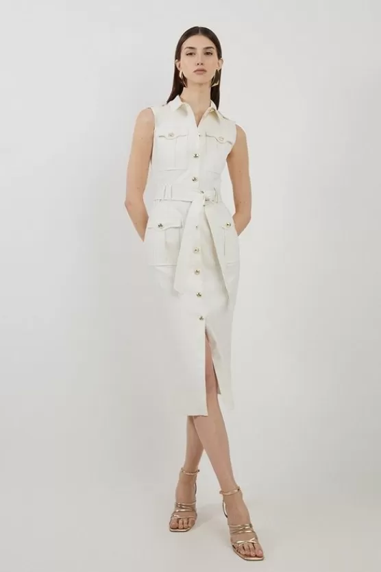 Hot Karen Millen Tailored Denim Cargo Pocket Belted Midi Shirt Dress ivory