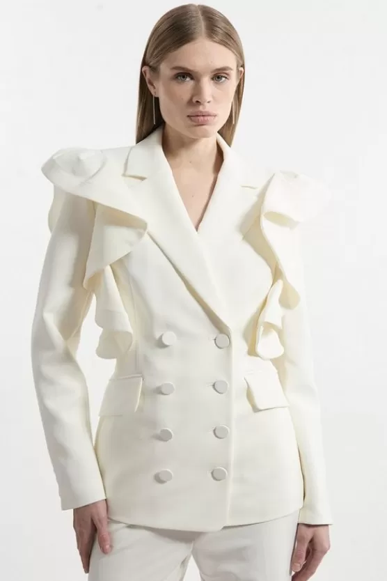 Best Karen Millen Tailored Drama Ruffle Double Breasted Blazer ivory