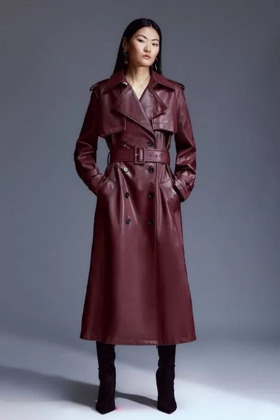 Best Karen Millen Tailored Faux Leather Belted Trench Coat oxblood