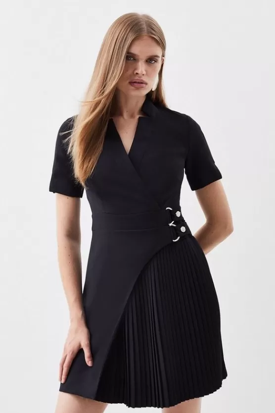 Outlet Karen Millen Tailored Military Pleat Notch Neck Wrap Mini Dress black