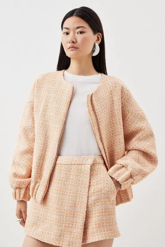 Best Sale Karen Millen Tailored Sparkle Boucle Bomber Jacket & Skort Set orange