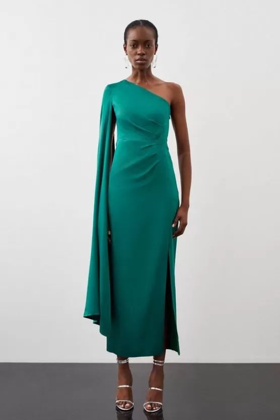 Discount Karen Millen Tailored Satin Back Crepe Drape One Shoulder Maxi Dress emerald