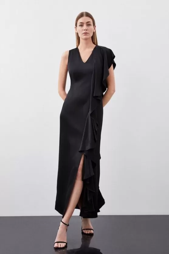 Best Sale Karen Millen Tailored Satin Back Crepe Ruffle Maxi Dress black