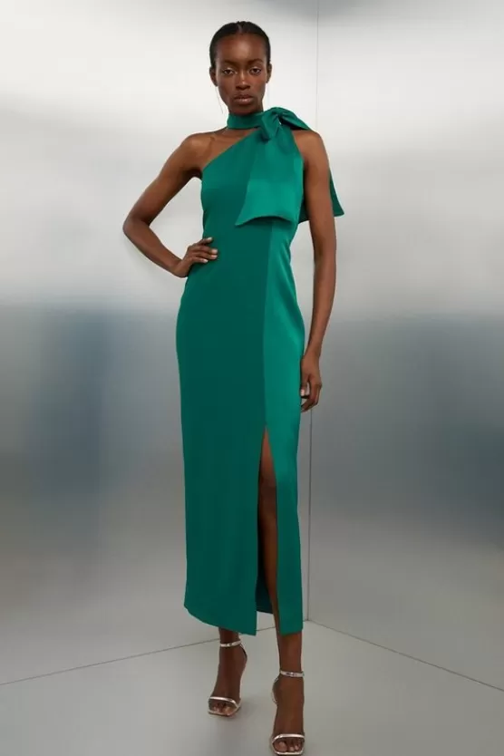 Cheap Karen Millen Tailored Satin Back Crepe Tie Neck Contrast Panel Maxi Dress emerald