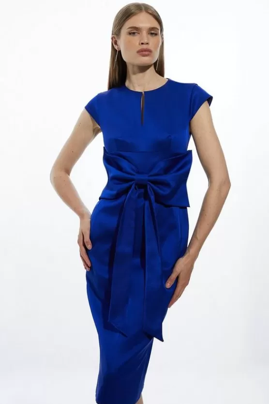 Outlet Karen Millen Tailored Satin Bow Detail Cap Sleeve Midi Dress blue