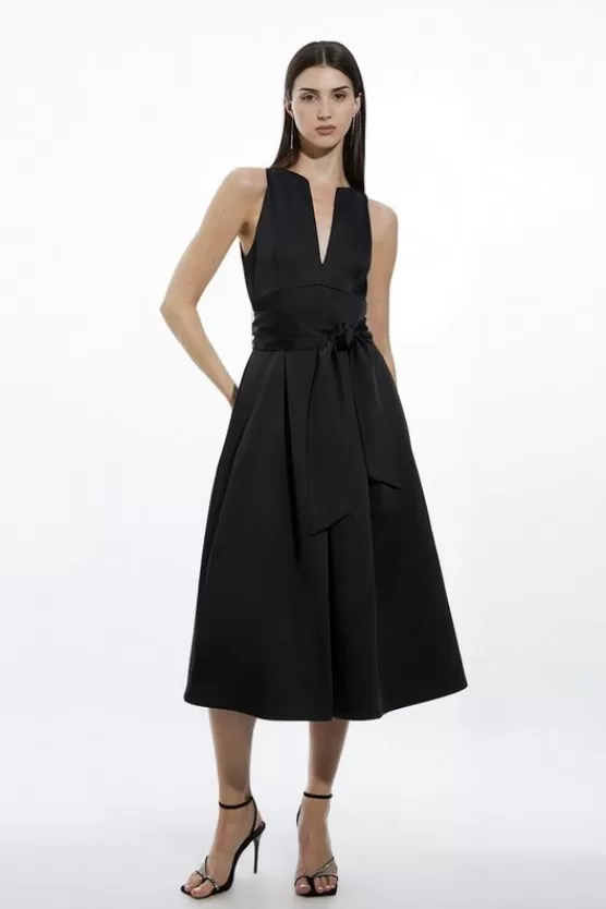 Fashion Karen Millen Tailored Satin Bow Detail Full Skirted Midi Dress black