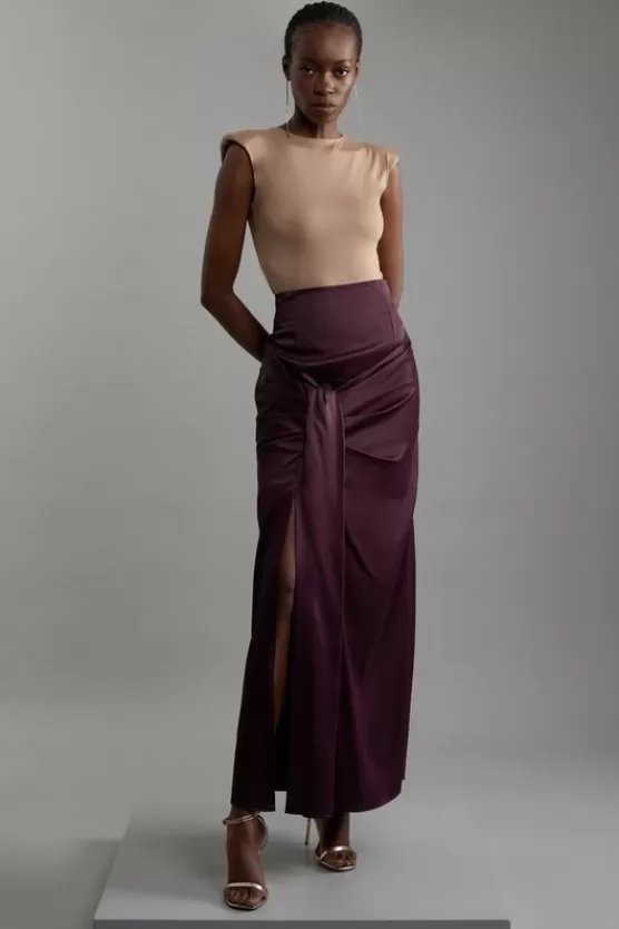 Discount Karen Millen Tailored Satin High Waisted Draped Maxi Skirt aubergine