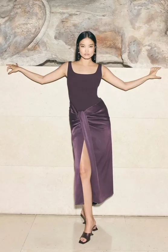 Outlet Karen Millen Tailored Satin Waist Drape Corset Maxi Dress aubergine