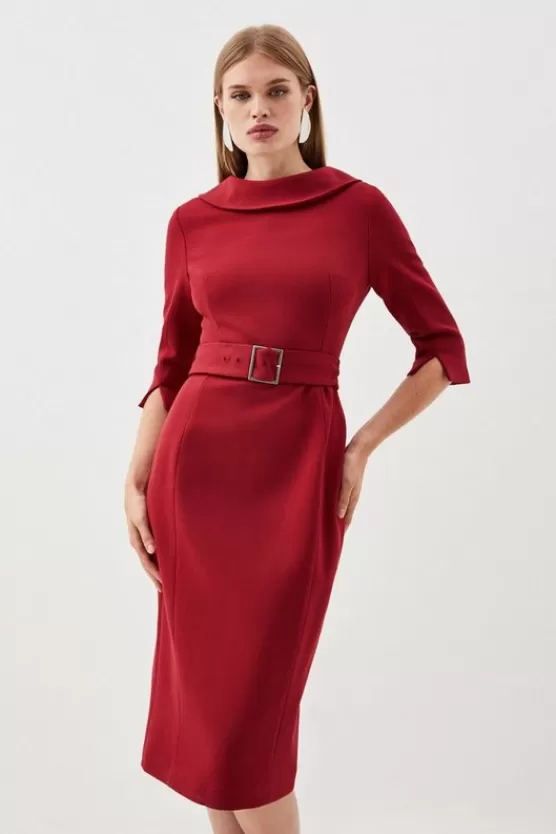 Fashion Karen Millen Tailored Structured Crepe Turtleneck Belted Midi Dress darkred