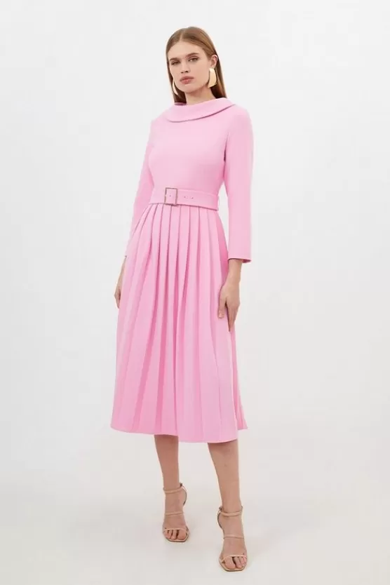 Discount Karen Millen Tailored Structured Crepe Turtleneck Pleated Midi Dress pink