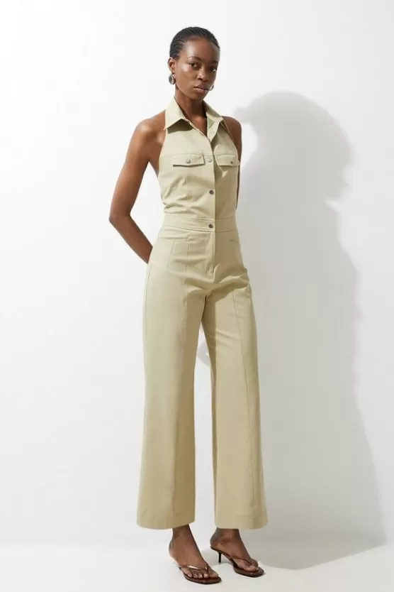 Cheap Karen Millen Tailored Techno Denim Halterneck Wide Leg Jumpsuit lightkhaki