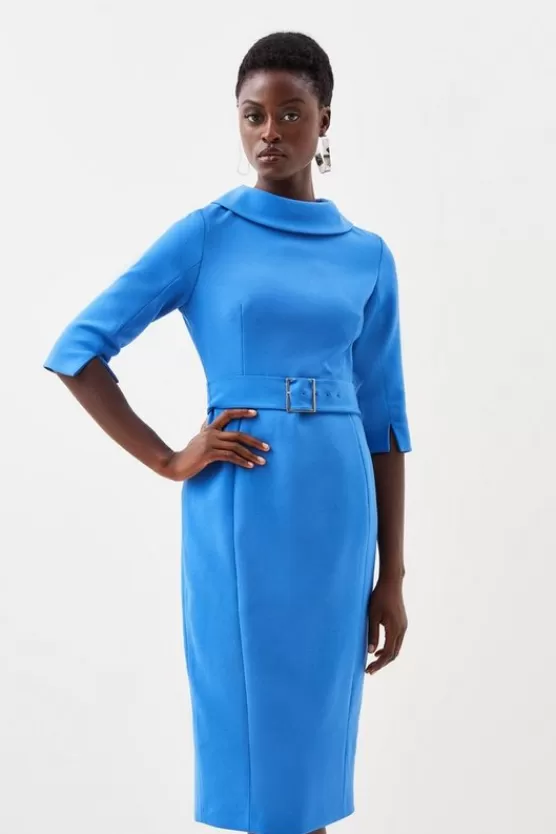 New Karen Millen Tailored Turtleneck Belted Midi Dress cobalt