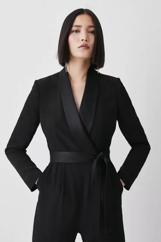 Outlet Karen Millen Tailored Tuxedo Belted Wrap Jumpsuit black