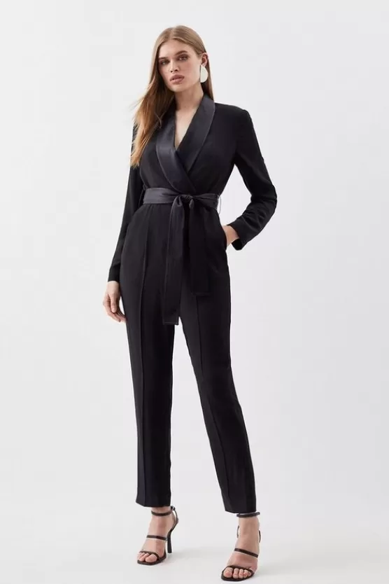 Hot Karen Millen Tailored Tuxedo Wrap Jumpsuit black