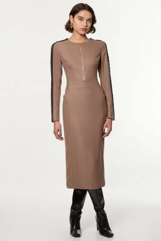 Store Karen Millen Tailored Twill Lace Mix Zip Front Midi Dress taupe