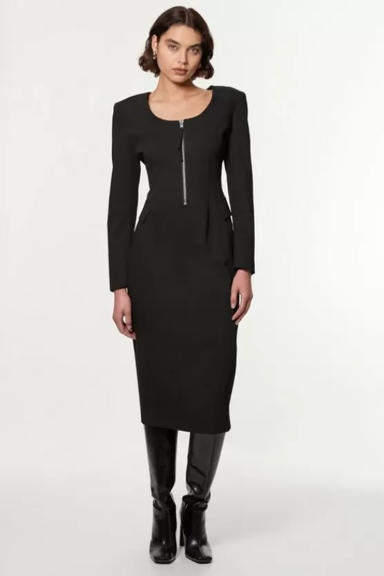 Clearance Karen Millen Tailored Viscose Zip Through Multi Stitch Midi Dress black