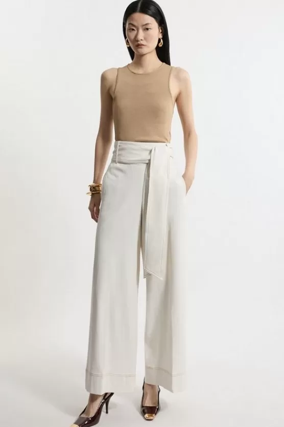 New Karen Millen Tailored Wide Leg Belted Pants ivory