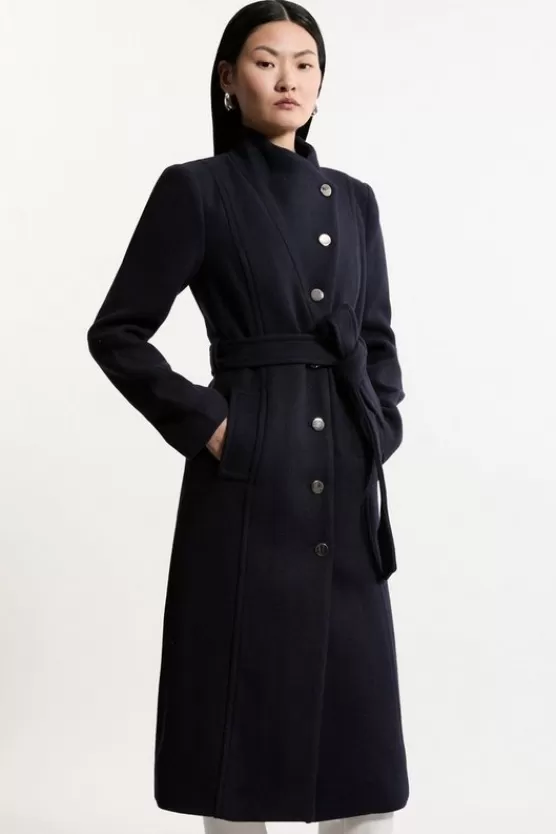 Clearance Karen Millen Tailored Wool Blend Asymmetric Button Neck Belted Midi Coat navy