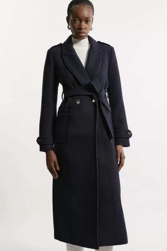 Discount Karen Millen Tailored Wool Blend Belted Maxi Wrap Coat navy