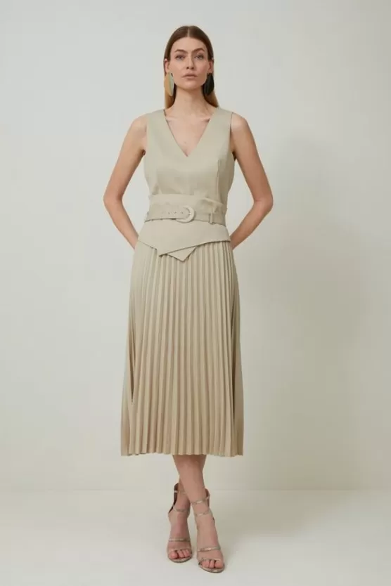 Shop Karen Millen Tailored Wool Blend Belted Pleat Detail Midi Dress stone