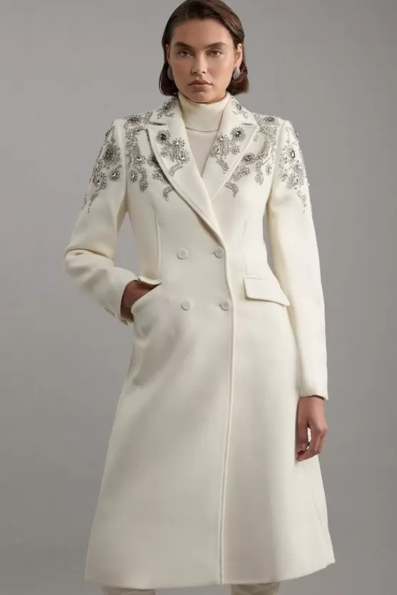 Best Sale Karen Millen Tailored Wool Blend Embellished Double Breasted Midi Coat ivory