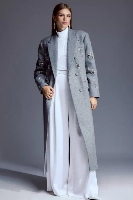 Online Karen Millen Tailored Wool Blend Embellished Maxi Coat grey