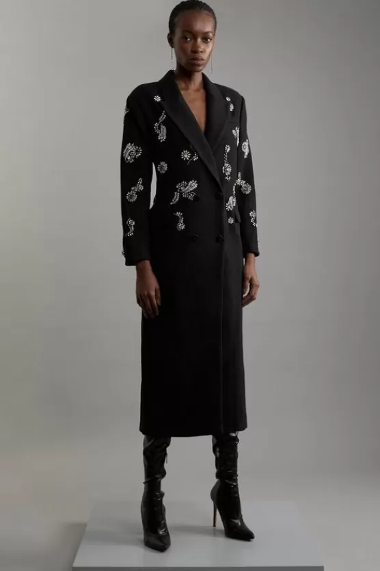 Clearance Karen Millen Tailored Wool Blend Embellished Maxi Coat black