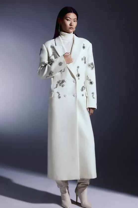 Discount Karen Millen Tailored Wool Blend Embellished Maxi Coat ivory