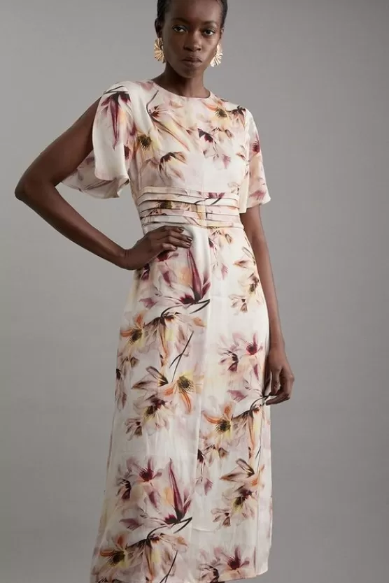 Online Karen Millen Tall Abstract Floral Satin Crepe Woven Midi Dress pink