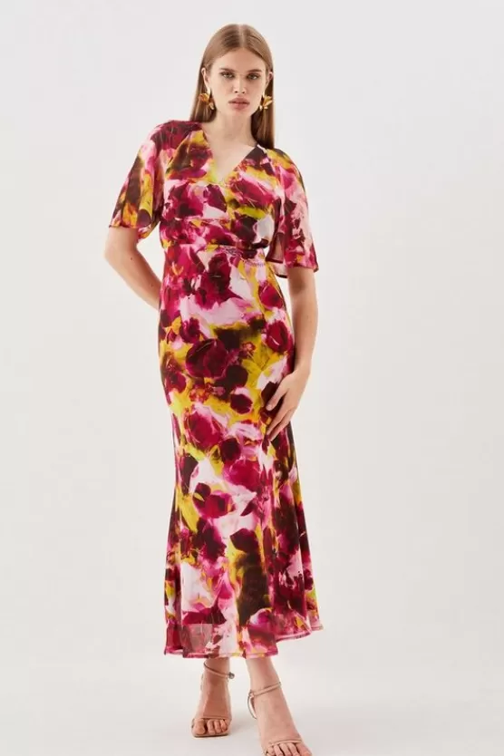 Hot Karen Millen Tall Abstract Print Pleated Wide Sleeve Maxi Dress multi