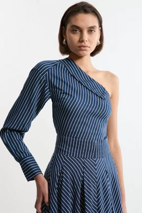 Clearance Karen Millen Tall Asymmetric Twill d Woven Long Sleeved Shirt stripe