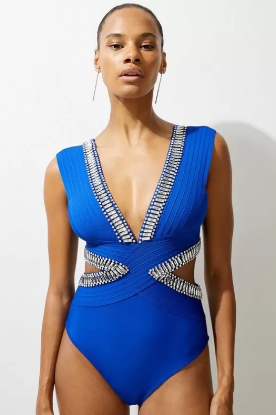 Cheap Karen Millen Tall Bandage Embellished Trim Cut Out Swimsuit cobalt