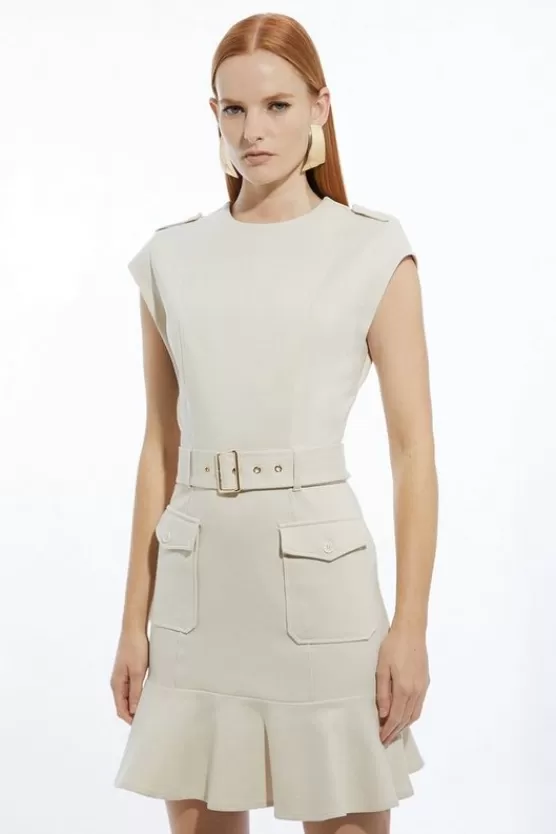 Fashion Karen Millen Tall Belted Ponte Jersey Frill Hem Mini Dress cream