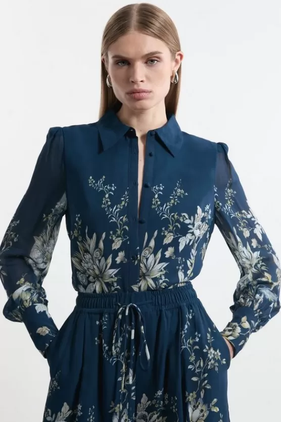 Best Sale Karen Millen Tall Border Print Viscose Piped Woven Shirt Balloon Sleeve Shirt darknavy