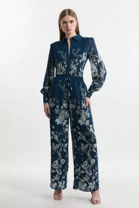Cheap Karen Millen Tall Border Print Viscose Piped Woven Wide Leg Pants darknavy