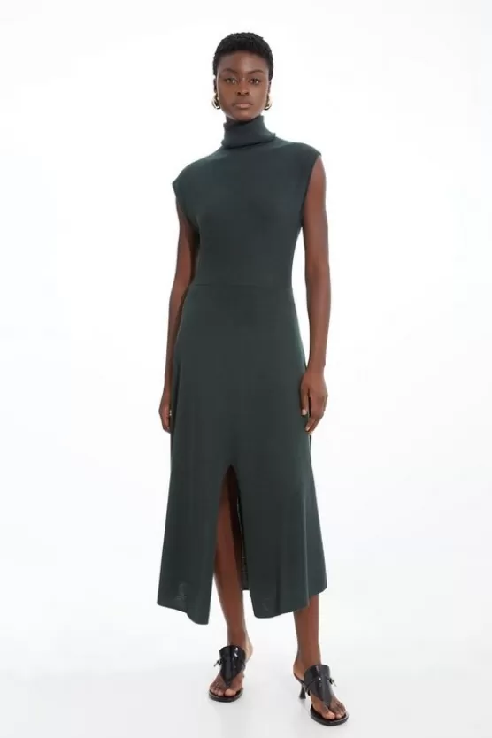 Best Sale Karen Millen Tall Cashmere Blend Sleeveless Turtleneck Midaxi Knit Dress olive