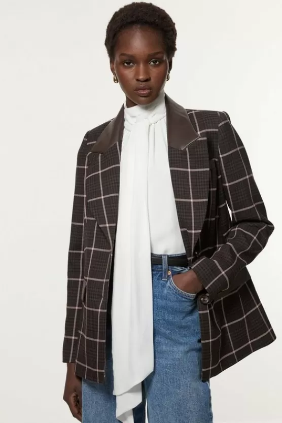 Cheap Karen Millen Tall Check Pu Mix Tailored Jacket brown